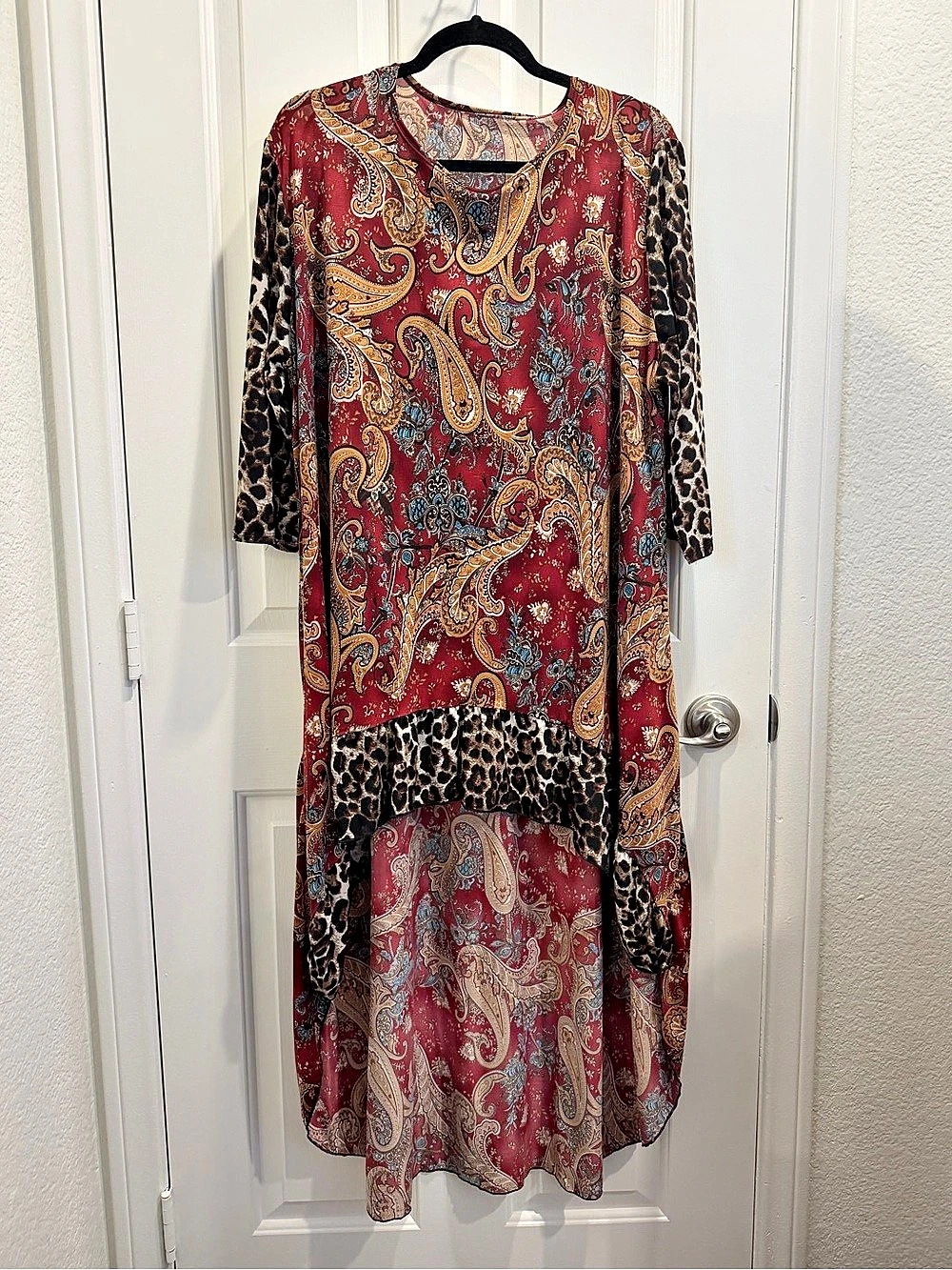 Paisley Leopard Brown and Burgundy Hi-Low Tunic Fall Colors 1X